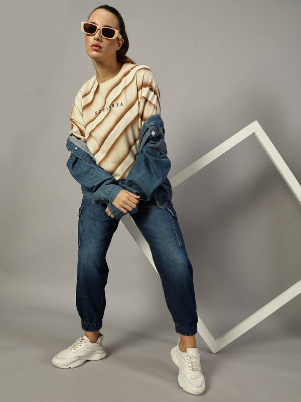 Beige Oversized Line Texture T-Shirt