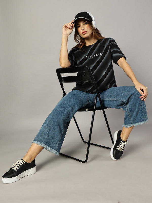 Black Oversized Line Texture  T-Shirt